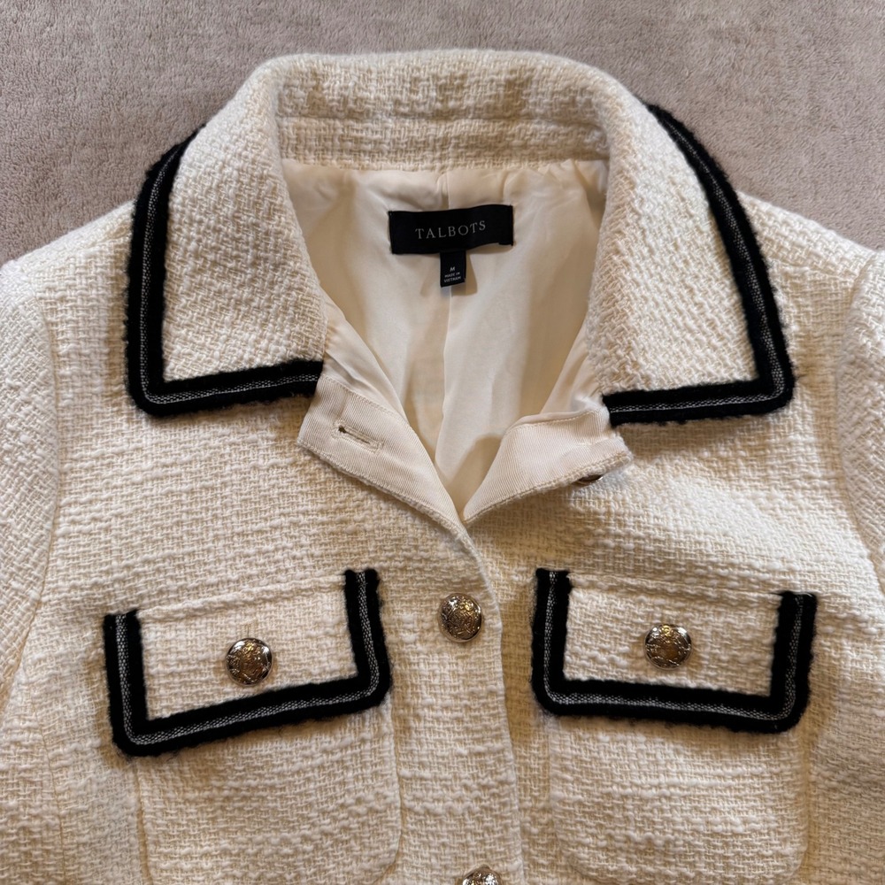 Talbots Cream Tweed Bomber Jacket with Black Trim and Gold Buttons - Picture 4 of 12
